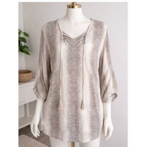 Sara Studio Blouse w/tasseled Tie 3/4 Sleeves Size XL Brown/Tan Print - EUC